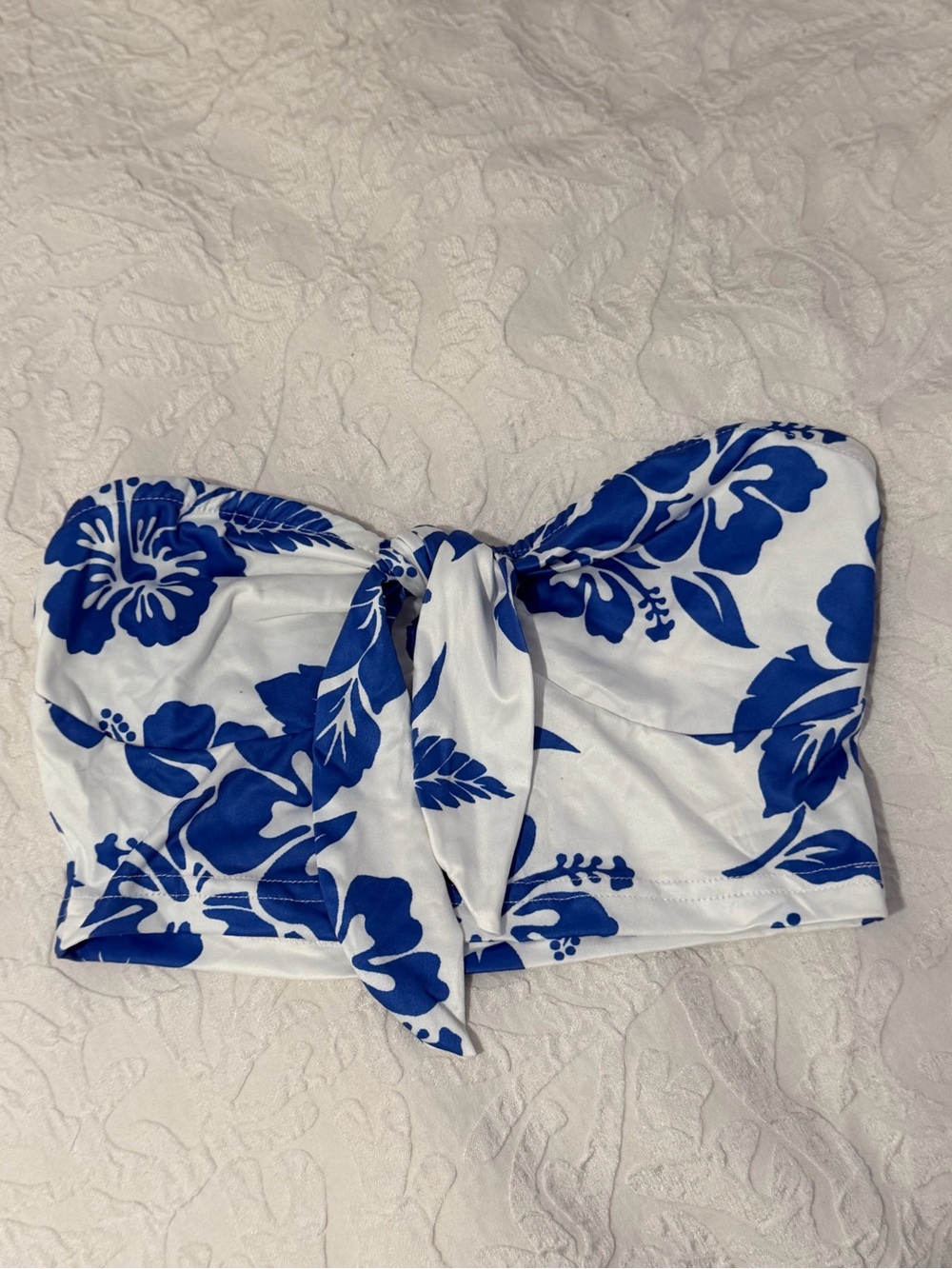 SHEIN White Bandeau Top with Blue Floral Print